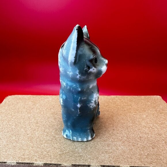 VTG KITTY BLUE BLACK TIGER CAT, PORCELAIN JAPAN FIGURINE, BLACK EYES, 2,75" - Picture 3 of 5